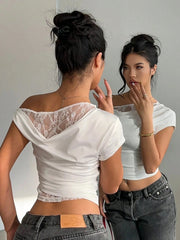 Model wearing the Simone Lace Draped Crop Top