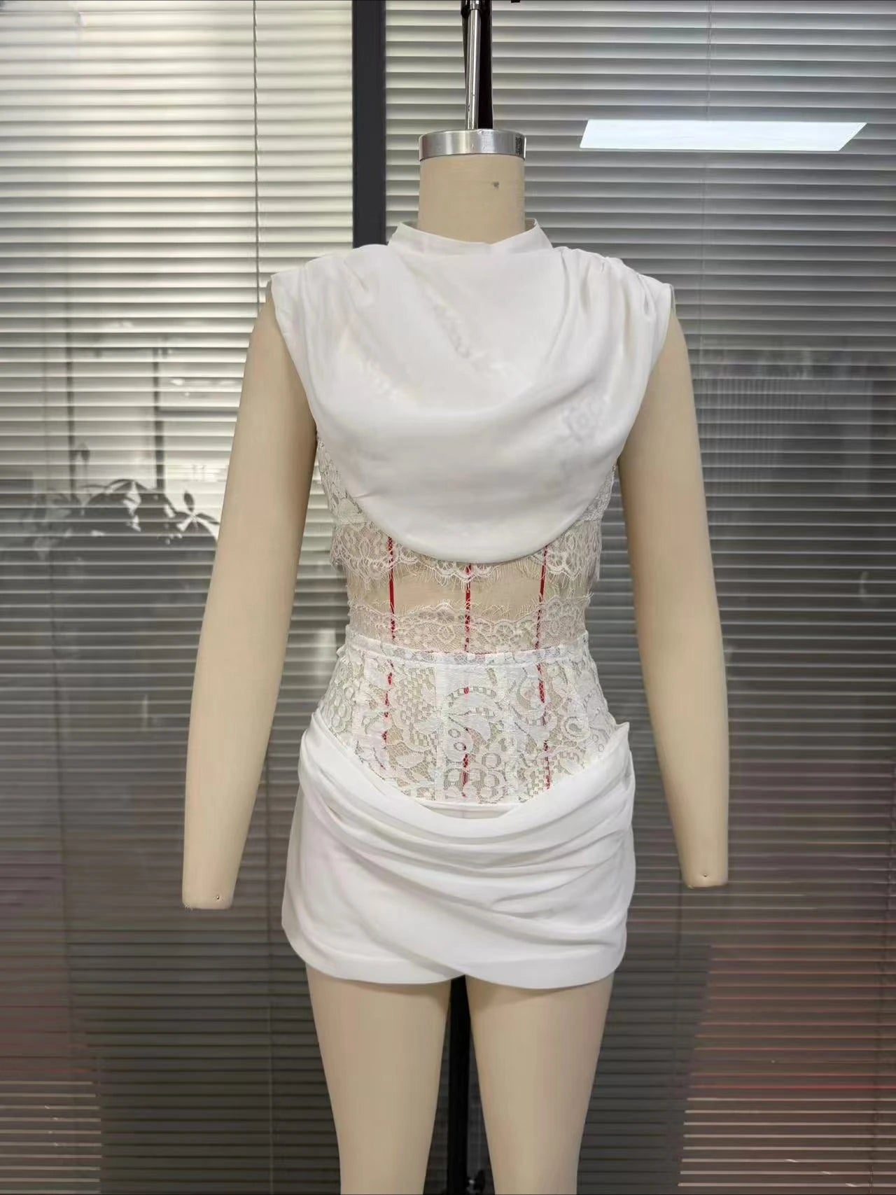 Model wearing the Allegra Lace Ruched Mini Co-Ord