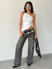 Model wearing the Mila Asymmetric One-Shoulder Top