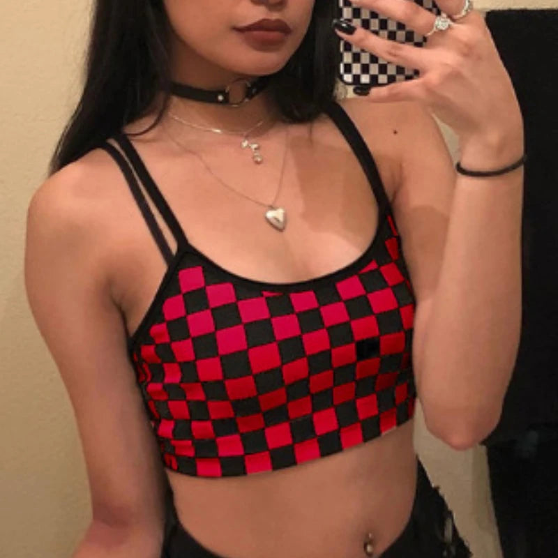 Model wearing the Imogen Checked Halter Top