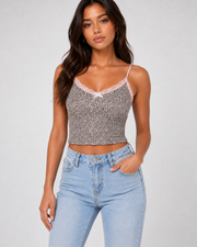 Model wearing the Leni Leopard Lace Cami with pink lace trim, styled front view