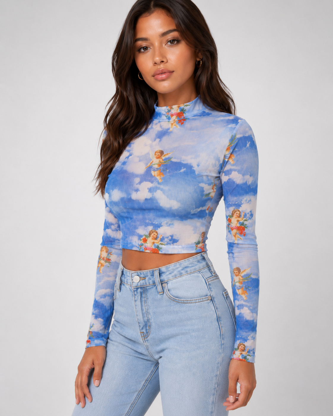 Model wearing the Zadie Sheer Mesh Top in blue cherub print